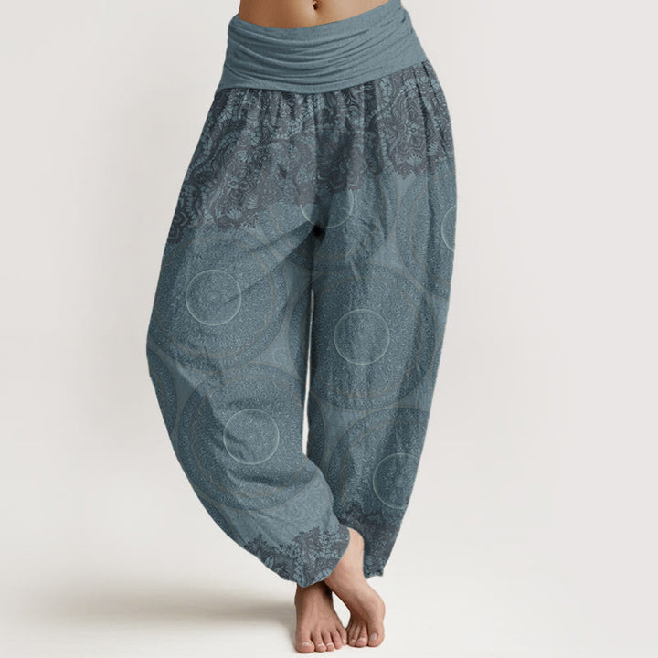 Pantalon sarouel décontracté en pur coton avec motif de fleurs et boussole pour femme, taille élastique, motif Buddha Stones