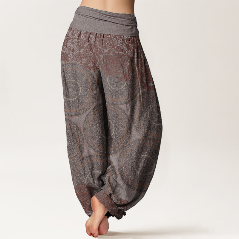 Pantalon sarouel décontracté en pur coton avec motif de fleurs et boussole pour femme, taille élastique, motif Buddha Stones