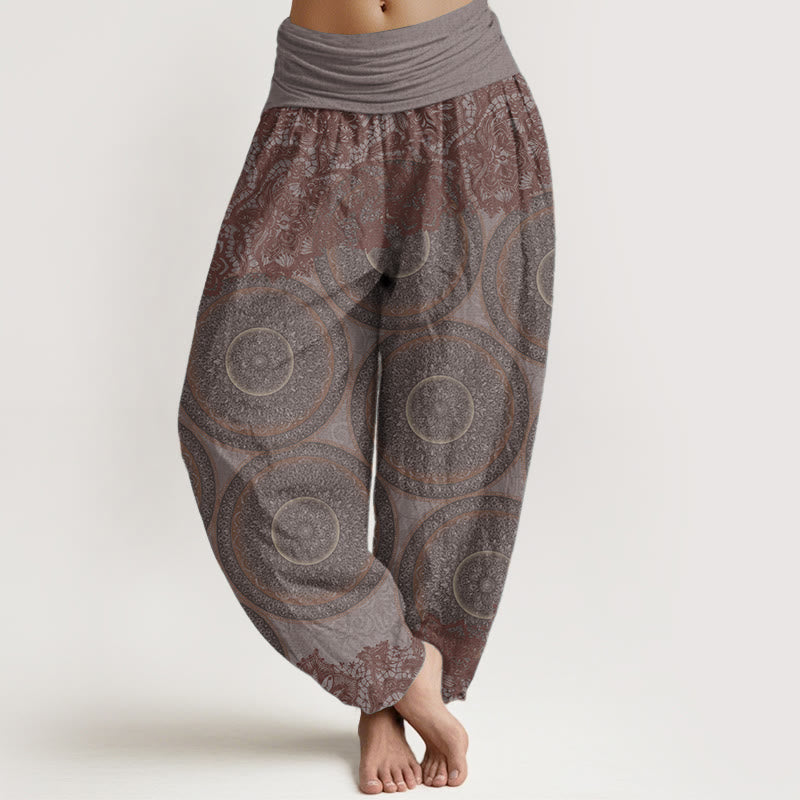 Pantalon sarouel décontracté en pur coton avec motif de fleurs et boussole pour femme, taille élastique, motif Buddha Stones