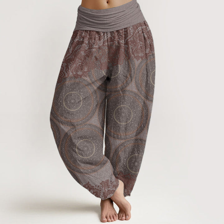Pantalon sarouel décontracté en pur coton avec motif de fleurs et boussole pour femme, taille élastique, motif Buddha Stones