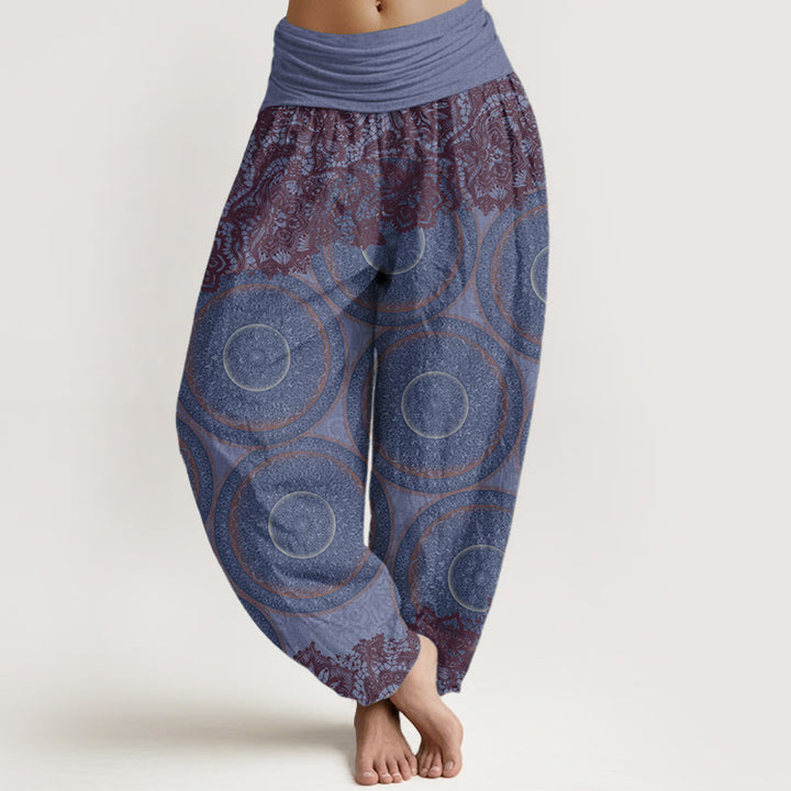 Pantalon sarouel décontracté en pur coton avec motif de fleurs et boussole pour femme, taille élastique, motif Buddha Stones
