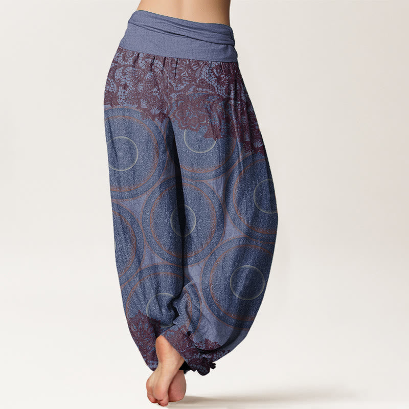 Pantalon sarouel décontracté en pur coton avec motif de fleurs et boussole pour femme, taille élastique, motif Buddha Stones