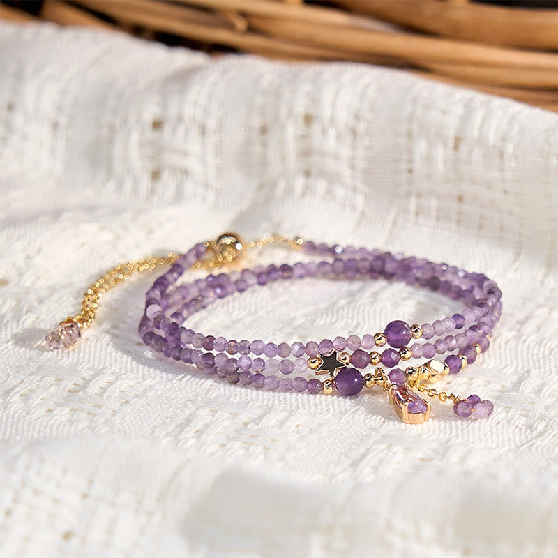 Bracelet triple tour en améthyste naturelle et goutte d'eau, méditation, étoiles, Buddha Stones