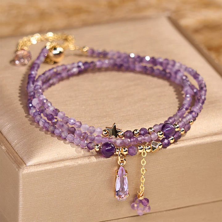 Bracelet triple tour en améthyste naturelle et goutte d'eau, méditation, étoiles, Buddha Stones
