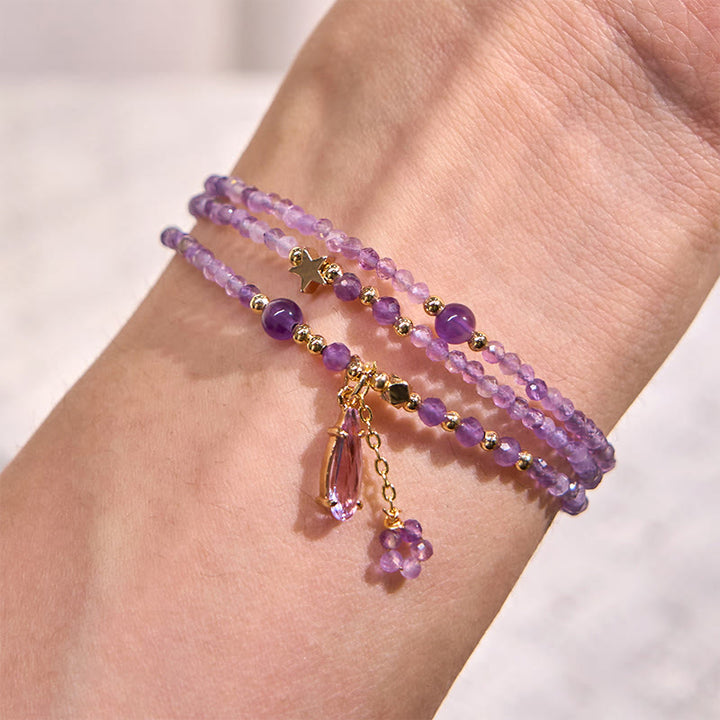 Bracelet triple tour en améthyste naturelle et goutte d'eau, méditation, étoiles, Buddha Stones