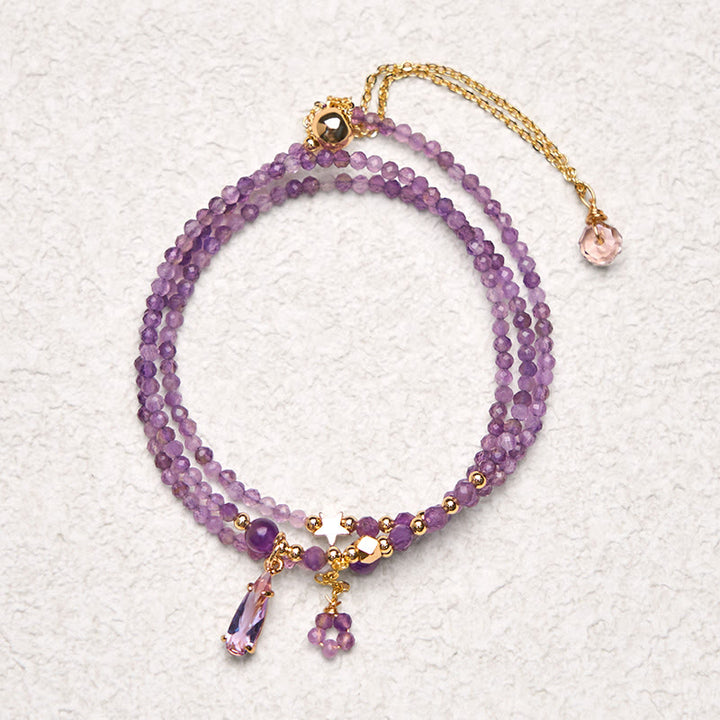 Bracelet triple tour en améthyste naturelle et goutte d'eau, méditation, étoiles, Buddha Stones