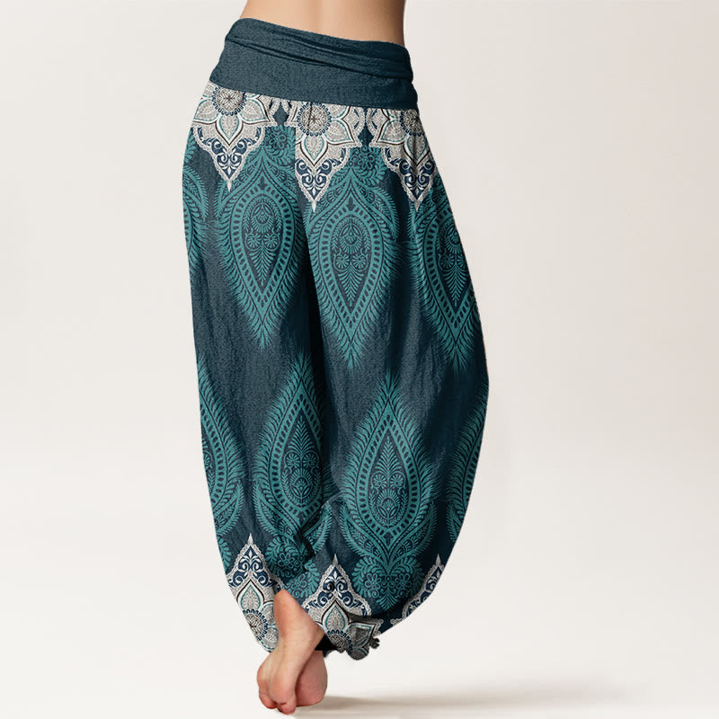 Pantalon Buddha Stones décontracté en pur coton avec motif de fleurs et plumes pour femme, taille élastique - image 2