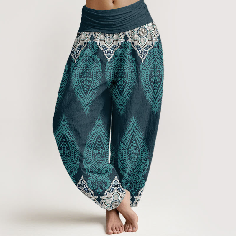 Pantalon Buddha Stones décontracté en pur coton avec motif de fleurs et plumes pour femme, taille élastique - Turquoise foncé - US22，UK/AU26，EU54 (6XL) - image 0