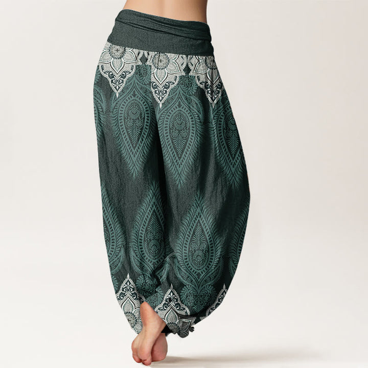 Pantalon Buddha Stones décontracté en pur coton avec motif de fleurs et plumes pour femme, taille élastique - image 7