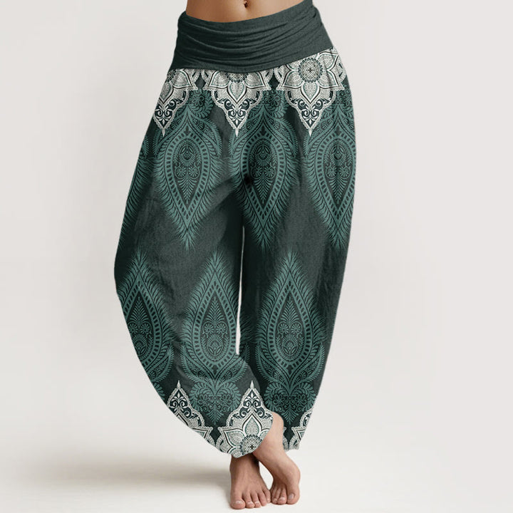 Pantalon Buddha Stones décontracté en pur coton avec motif de fleurs et plumes pour femme, taille élastique