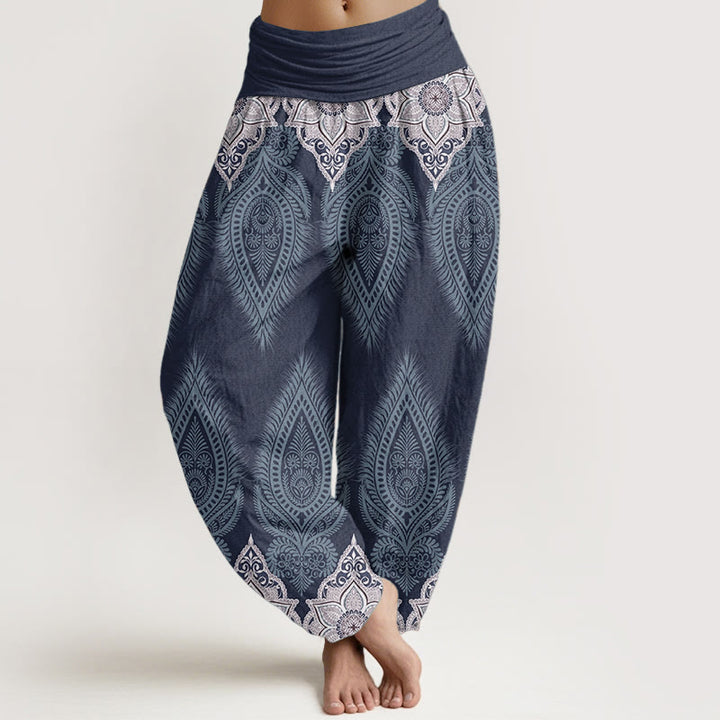 Pantalon Buddha Stones décontracté en pur coton avec motif de fleurs et plumes pour femme, taille élastique
