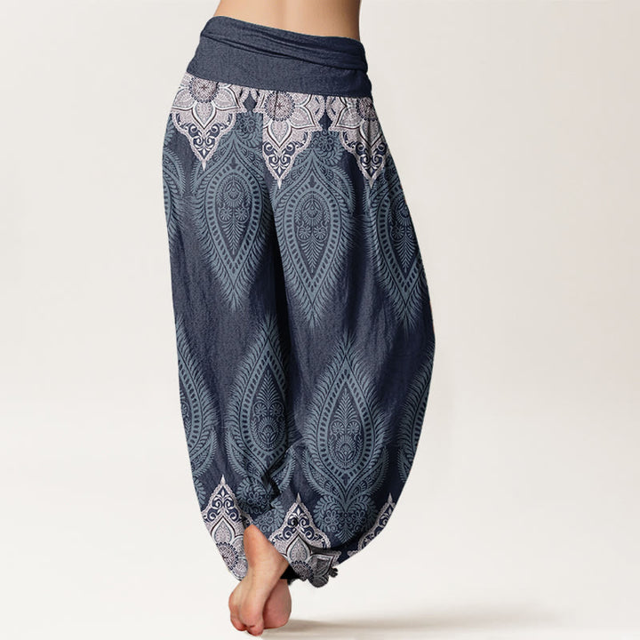 Pantalon Buddha Stones décontracté en pur coton avec motif de fleurs et plumes pour femme, taille élastique