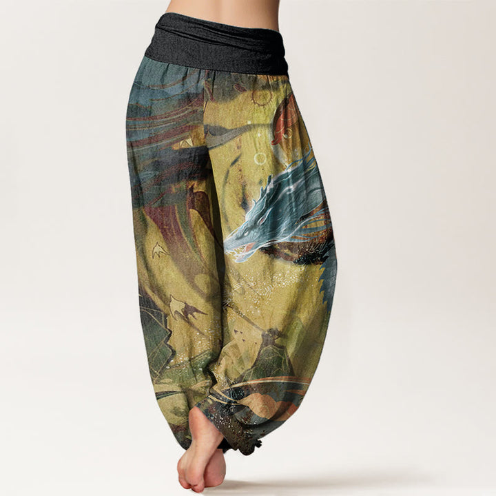 Pantalon sarouel à taille élastique pour femme, motif dragon et nuages de bon augure, en pur coton, Buddha Stones