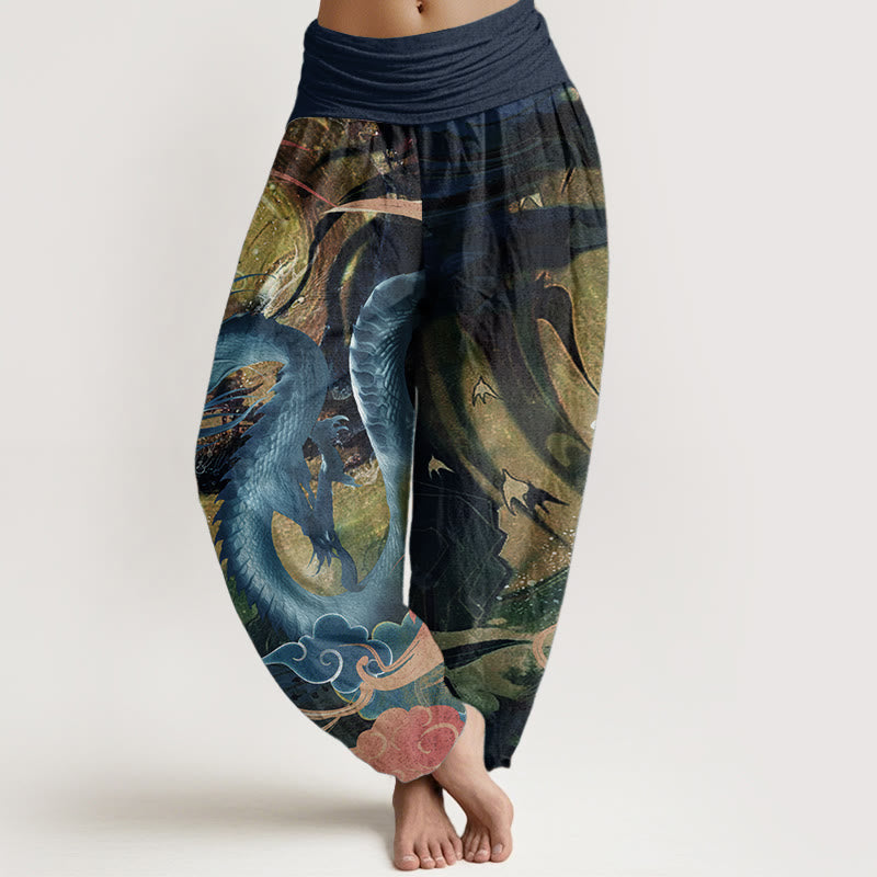 Pantalon sarouel à taille élastique pour femme, motif dragon et nuages de bon augure, en pur coton, Buddha Stones