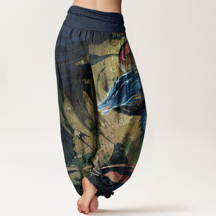 Pantalon sarouel à taille élastique pour femme, motif dragon et nuages de bon augure, en pur coton, Buddha Stones