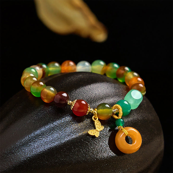Bracelet de soutien en Buddha Stones, agate paon colorée naturelle, boucle de paix, papillon, muguet