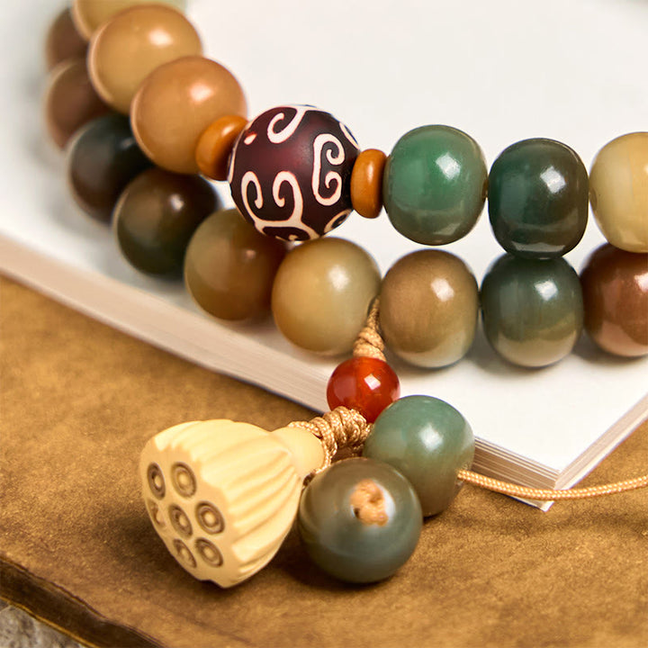 Bracelet double tour en Buddha Stones colorées, graines de Bodhi, gousse de lotus, breloque paix