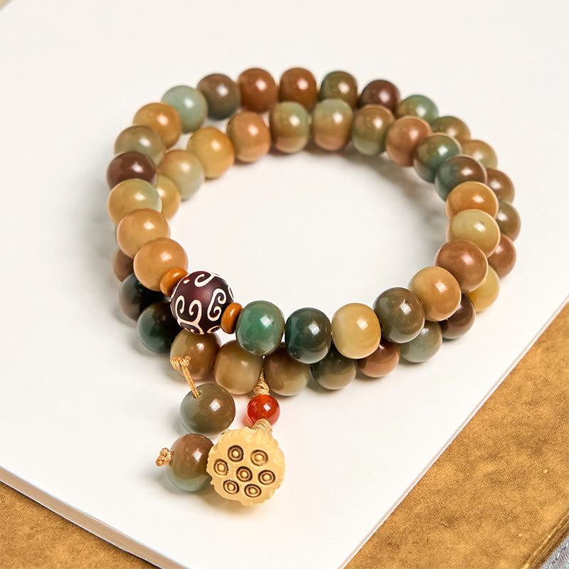 Bracelet double tour en Buddha Stones colorées, graines de Bodhi, gousse de lotus, breloque paix
