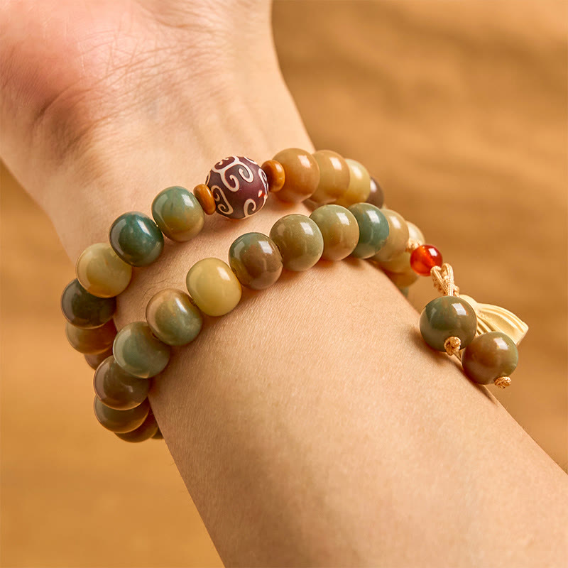 Bracelet double tour en Buddha Stones colorées, graines de Bodhi, gousse de lotus, breloque paix