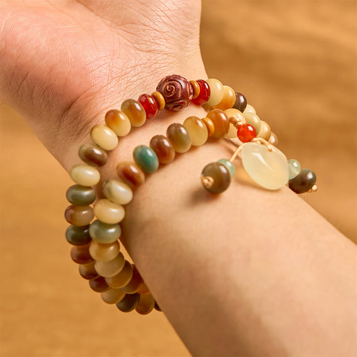 Bracelet double tour en Buddha Stones colorées, perles de boulier, perles de Bodhi, breloque de paix