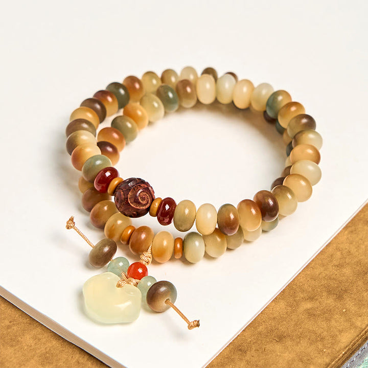 Bracelet double tour en Buddha Stones colorées, perles de boulier, perles de Bodhi, breloque de paix