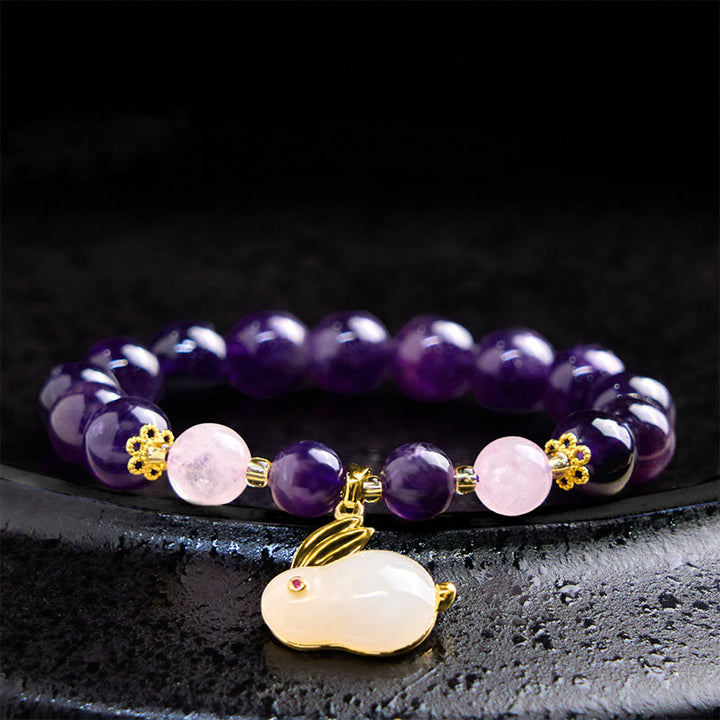 Bracelet de paix intérieure en perles de lapin en améthyste naturelle et Buddha Stones