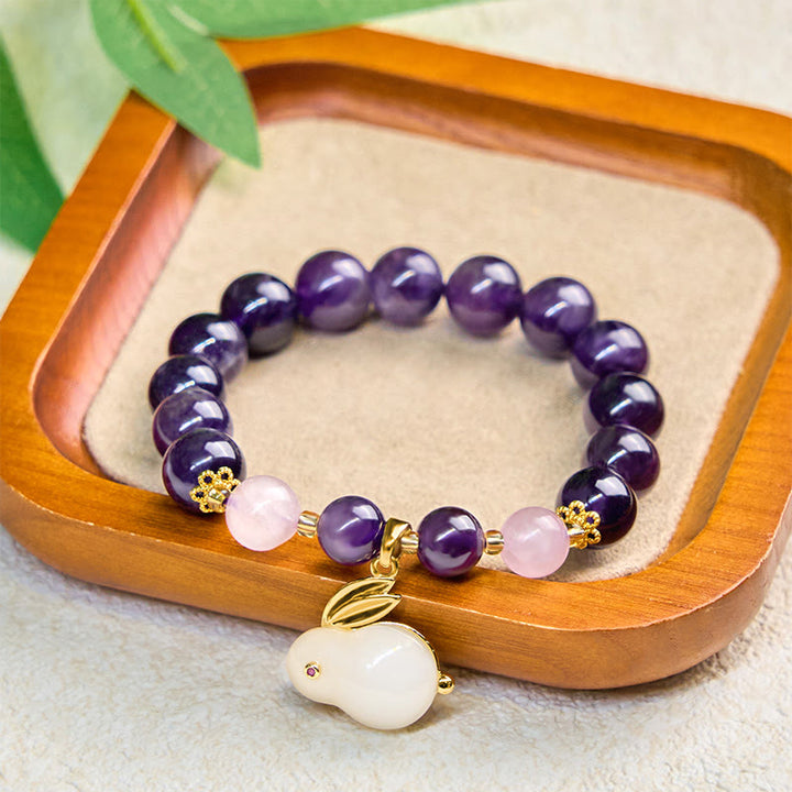 Bracelet de paix intérieure en perles de lapin en améthyste naturelle et Buddha Stones