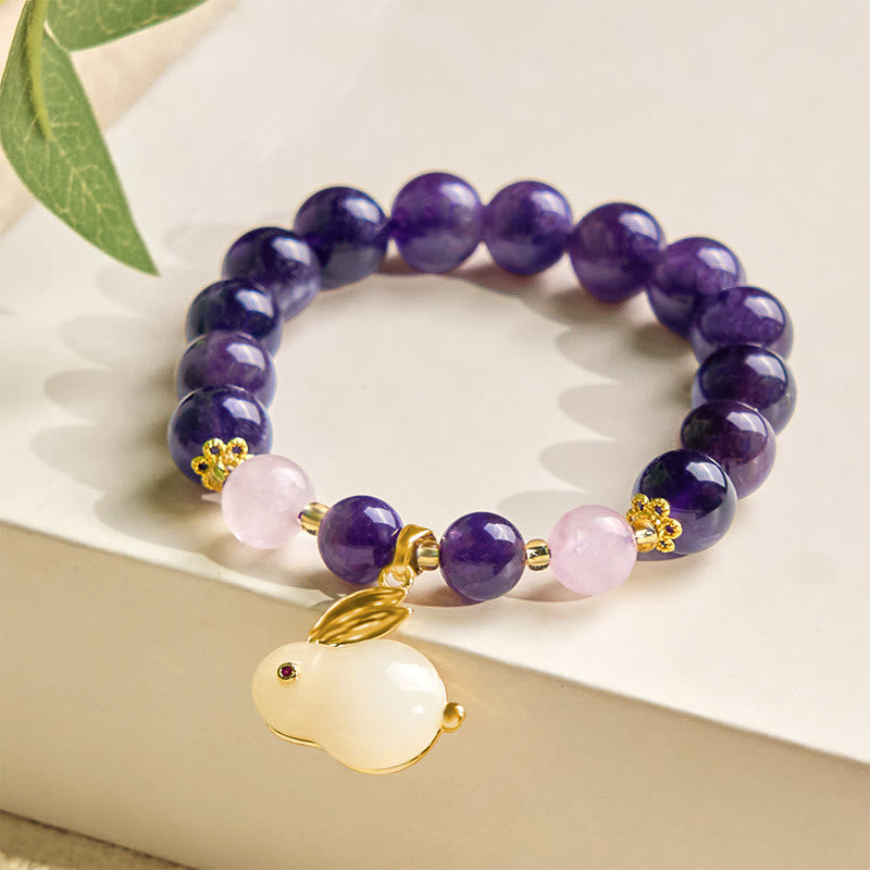 Bracelet de paix intérieure en perles de lapin en améthyste naturelle et Buddha Stones