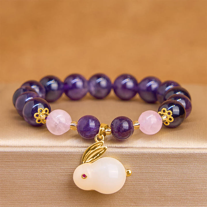 Bracelet de paix intérieure en perles de lapin en améthyste naturelle et Buddha Stones