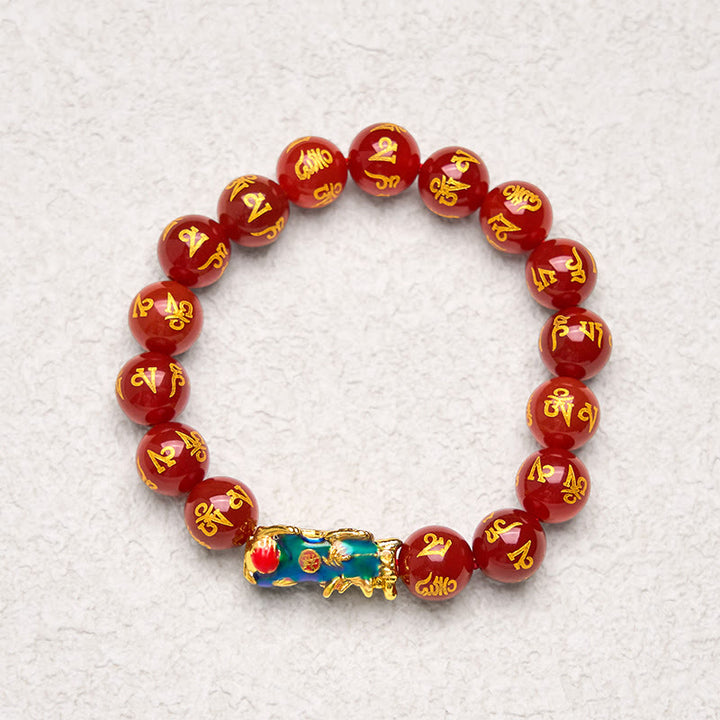 Bracelet PiXiu Om Mani Padme Hum Calm en Buddha Stones et agate rouge changeant de couleur