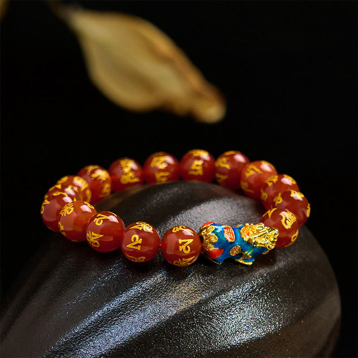 Bracelet PiXiu Om Mani Padme Hum Calm en Buddha Stones et agate rouge changeant de couleur