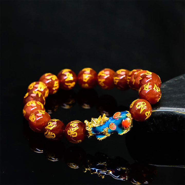 Bracelet PiXiu Om Mani Padme Hum Calm en Buddha Stones et agate rouge changeant de couleur