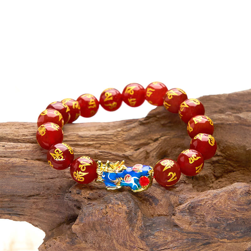 Bracelet PiXiu Om Mani Padme Hum Calm en Buddha Stones et agate rouge changeant de couleur