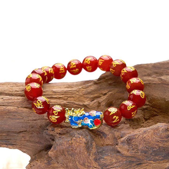 Bracelet PiXiu Om Mani Padme Hum Calm en Buddha Stones et agate rouge changeant de couleur