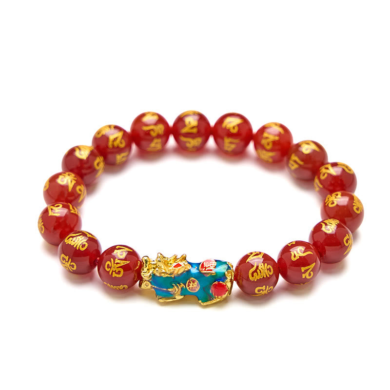 Bracelet PiXiu Om Mani Padme Hum Calm en Buddha Stones et agate rouge changeant de couleur
