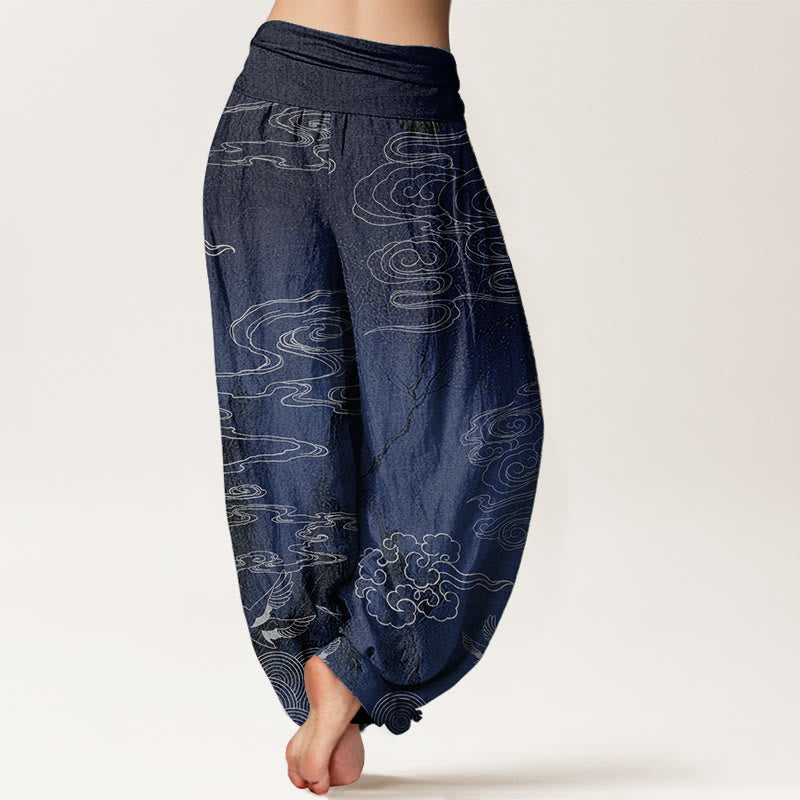 Pantalon sarouel à taille élastique pour femme, motif Buddha Stones, pur coton blanc, nuages de bon augure, oiseaux et arbres