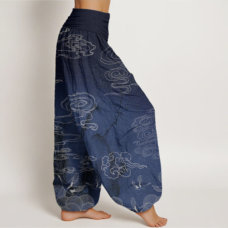 Pantalon sarouel à taille élastique pour femme, motif Buddha Stones, pur coton blanc, nuages de bon augure, oiseaux et arbres