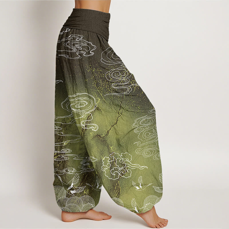 Pantalon sarouel à taille élastique pour femme, motif Buddha Stones, pur coton blanc, nuages de bon augure, oiseaux et arbres