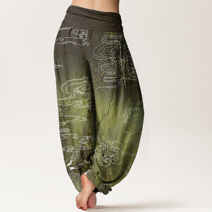Pantalon sarouel à taille élastique pour femme, motif Buddha Stones, pur coton blanc, nuages de bon augure, oiseaux et arbres