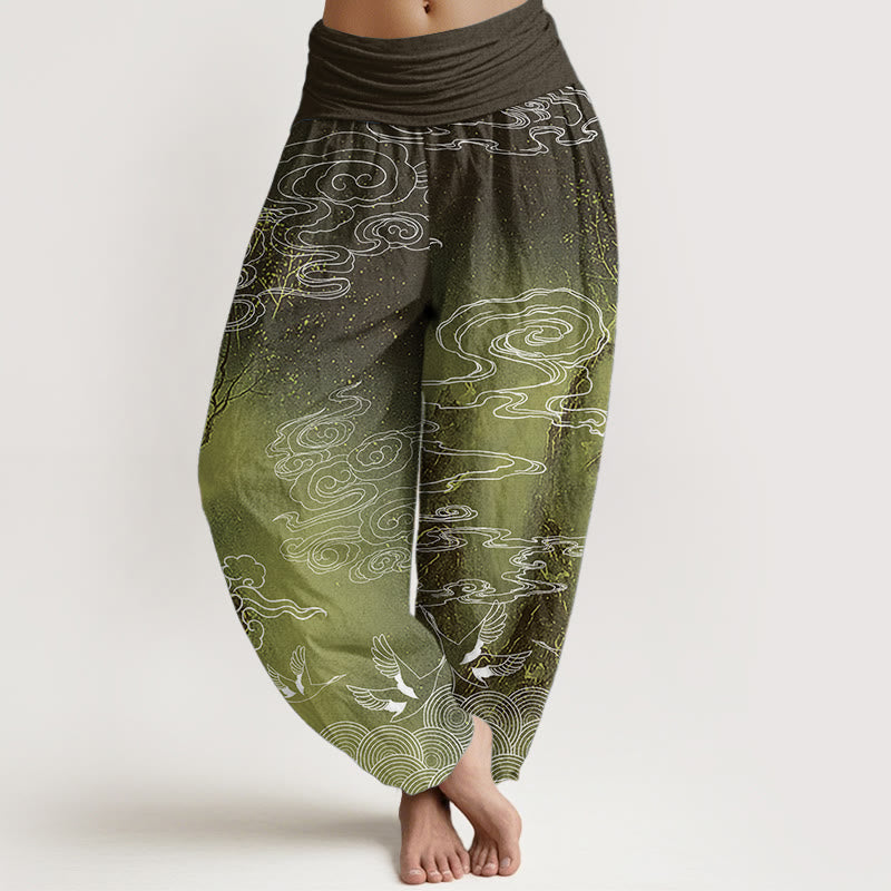 Pantalon sarouel à taille élastique pour femme, motif Buddha Stones, pur coton blanc, nuages de bon augure, oiseaux et arbres