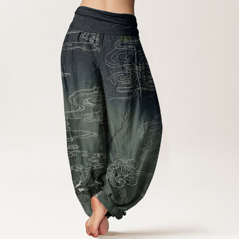 Pantalon sarouel à taille élastique pour femme, motif Buddha Stones, pur coton blanc, nuages de bon augure, oiseaux et arbres