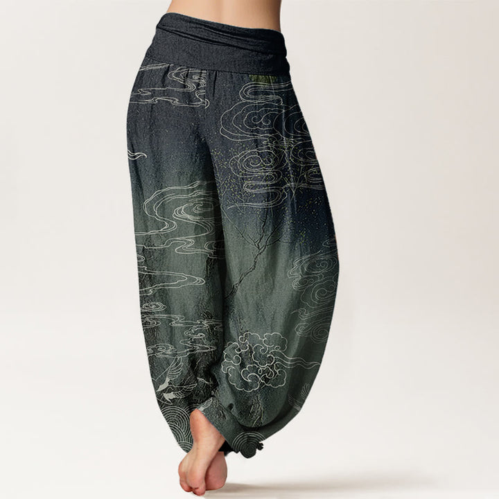 Pantalon sarouel à taille élastique pour femme, motif Buddha Stones, pur coton blanc, nuages de bon augure, oiseaux et arbres