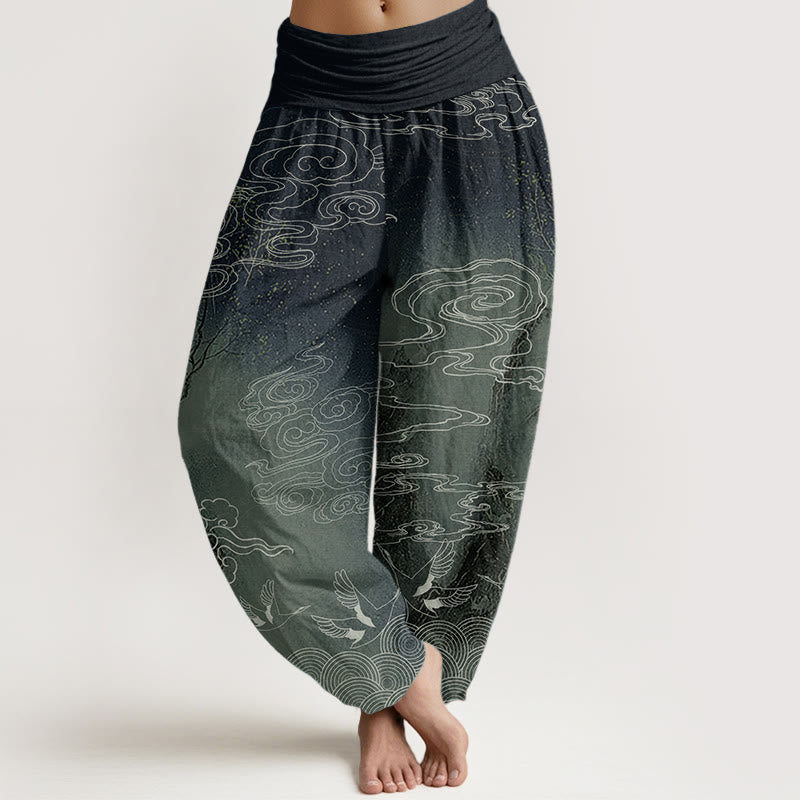 Pantalon sarouel à taille élastique pour femme, motif Buddha Stones, pur coton blanc, nuages de bon augure, oiseaux et arbres