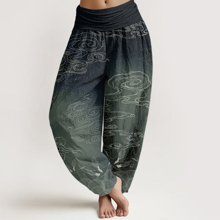 Pantalon sarouel à taille élastique pour femme, motif Buddha Stones, pur coton blanc, nuages de bon augure, oiseaux et arbres