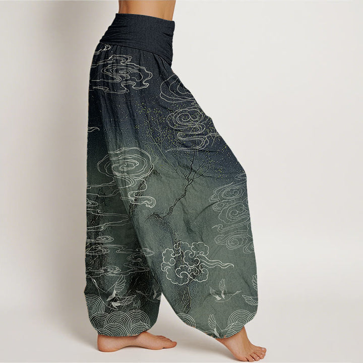 Pantalon sarouel à taille élastique pour femme, motif Buddha Stones, pur coton blanc, nuages de bon augure, oiseaux et arbres