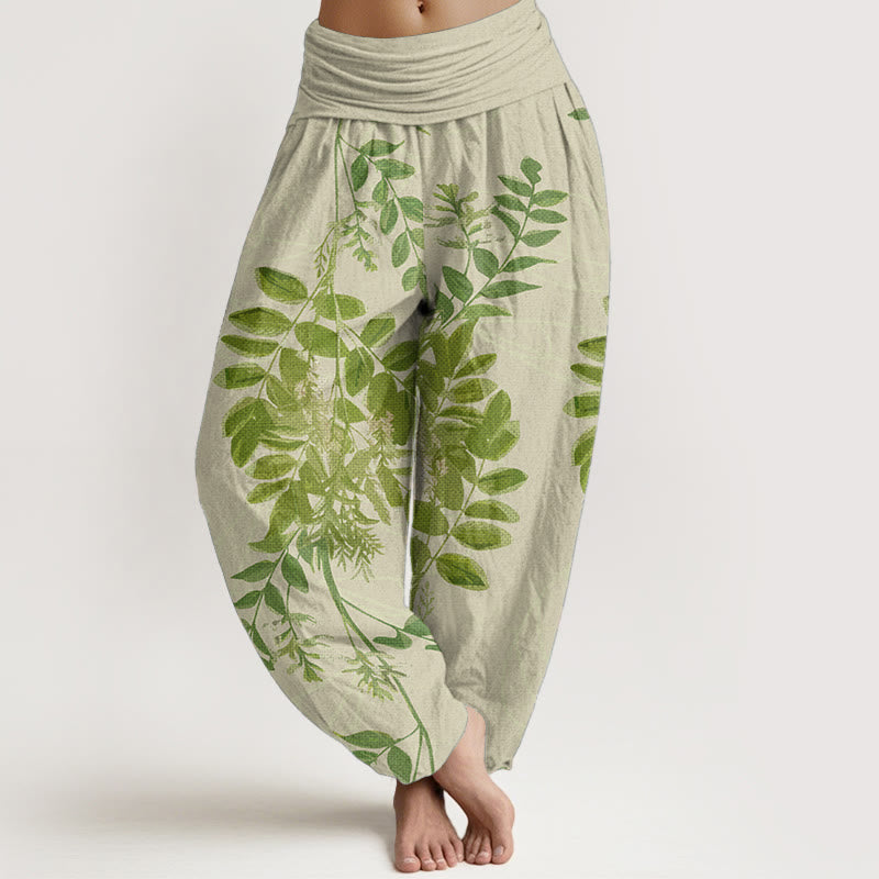 Pantalon sarouel taille élastique pour femme, motif Buddha Stones, pur coton, feuilles vertes et branches - Jaune d'or pâle - US22，UK/AU26，EU54 (6XL) - image 0