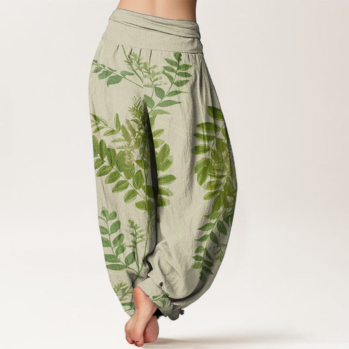 Pantalon sarouel taille élastique pour femme, motif Buddha Stones, pur coton, feuilles vertes et branches