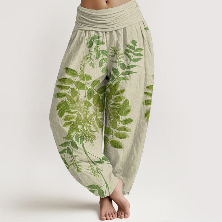 Pantalon sarouel taille élastique pour femme, motif Buddha Stones, pur coton, feuilles vertes et branches