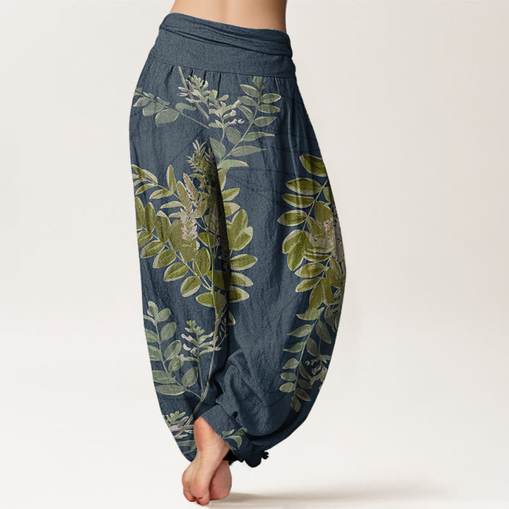 Pantalon sarouel taille élastique pour femme, motif Buddha Stones, pur coton, feuilles vertes et branches