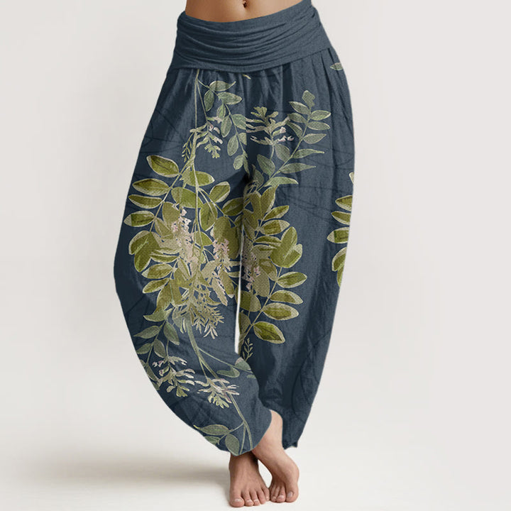 Pantalon sarouel taille élastique pour femme, motif Buddha Stones, pur coton, feuilles vertes et branches